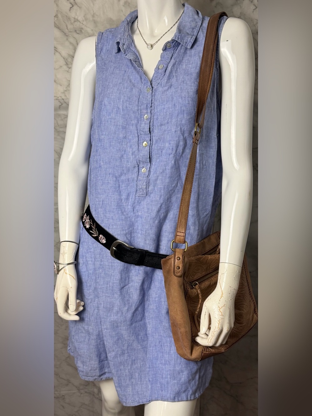 Tahari 100% Linen Sleeveless Shift Tunic Blue Collared M Coastal Resort Summer